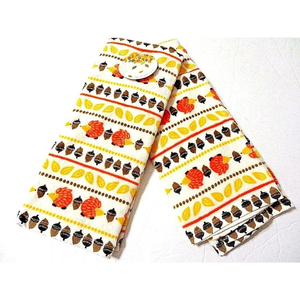 Swirling Leaf Hedgehog Acorn 2 Kitchen Towels Soft Autumn Leaves Fall Print NWT